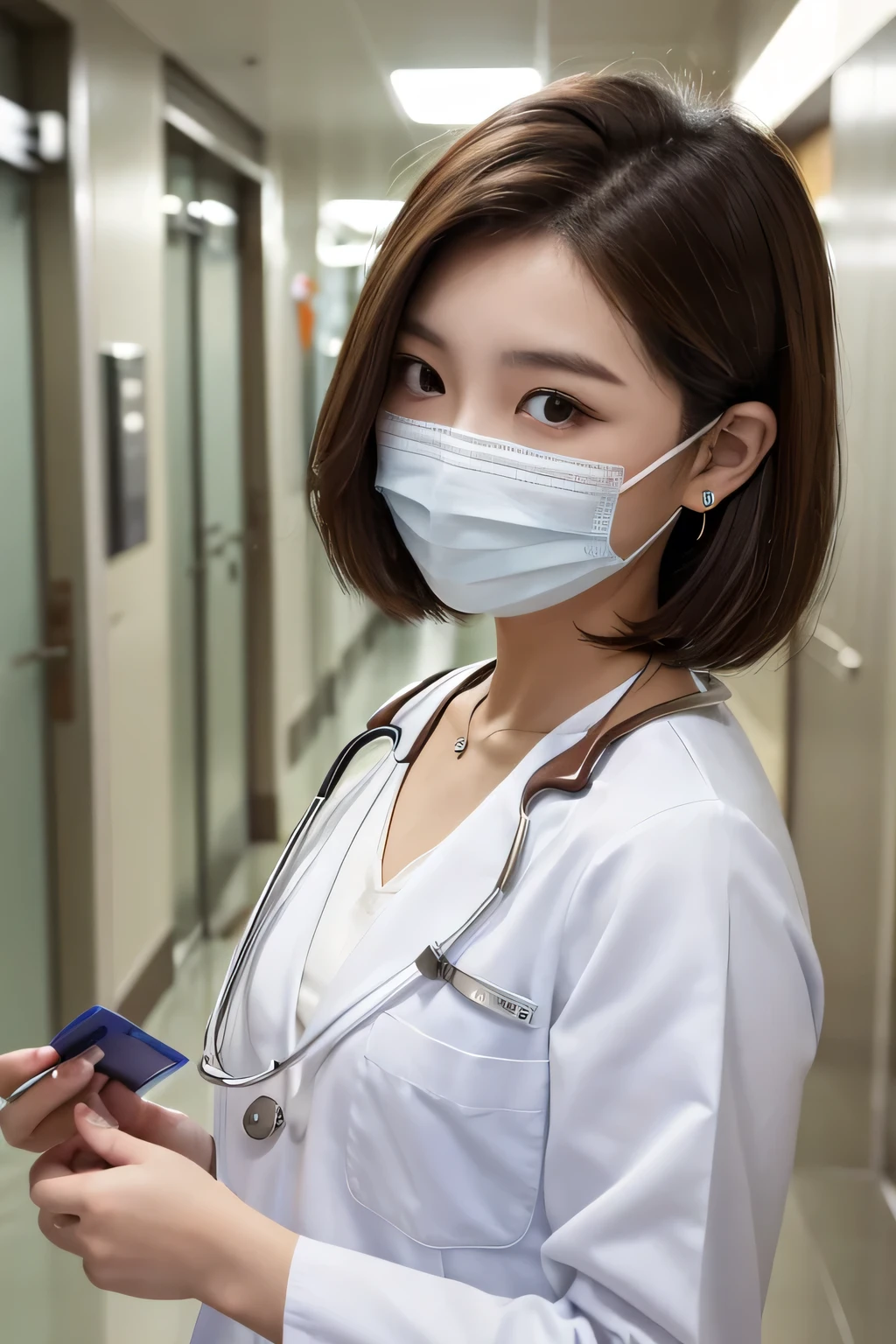 Beautiful young woman、 Korean women、Brown Hair、Necklace around the neck、White、Stethoscope、Mask on mouth、Short Haircut、Wavy Hair、Intricate details, Very detailed:1.2), 、 Looking into the camera,The background is the corridor of the hospital.、ear piercing
