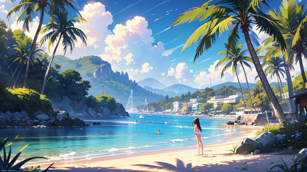 anime girl laying on the beach listen to music, palm trees and a, rhads and lois van baarle, lois van baarle and rossdraws, artgerm and lois van baarle, beautiful digital artwork, beaching, extremely detailed artgerm, deviantart artstation cgscosiety, anime background art, amazing wallpaper, background art, hd wallpaper, relaxing concept art, beautiful wallpaper, high quality desktop wallpaper, background artwork, pc wallpaper, anime background, wallpaper hd, 8K image quality, Masterpiece