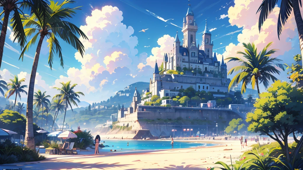 anime girl laying on the beach listen to music, palm trees and a, rhads and lois van baarle, lois van baarle and rossdraws, artgerm and lois van baarle, beautiful digital artwork, beaching, extremely detailed artgerm, deviantart artstation cgscosiety, anime background art, amazing wallpaper, background art, hd wallpaper, relaxing concept art, beautiful wallpaper, high quality desktop wallpaper, background artwork, pc wallpaper, anime background, wallpaper hd, 8K image quality, Masterpiece