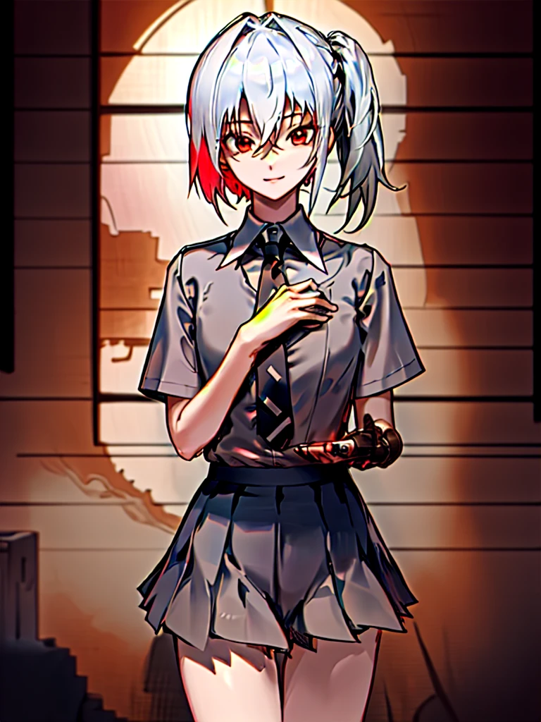 In general detail: very detailed, highly detailed, exceptionally detailed, exceptionally detailed, top quality, 2.5D works, a girl, single, beautiful hands, perfectly beautiful hands, summer school uniform: plain dark gray skirt with a lot of pleats: 1.4, red necktie with a pattern: 1.3, short sleeves, white shirt with white buttons, not NSFW (not safe for work): (-1.5), facial expression: a small smile at the corner of the mouth, enchanting gaze, posture: standing, posing cute and charming, looking at the audience, character traits: slender, Kawaei, perfectly balanced face, soft pinkish cheeks, extremely cute girl, extremely cute face, exceptionally detailed facial features, exceptionally detailed hair, extremely cute, extremely beautiful, background: deserted city, midnight, dark, deep focus background, additional physical features: medium to large chest, slim, large hips, well-rounded thick thighs, long slender legs, hairstyle: (Aho-ge: 1.2), (short bob with side ponytail, left side gathered hair, hair between the eyes, black/white hair), red/pink eyes."