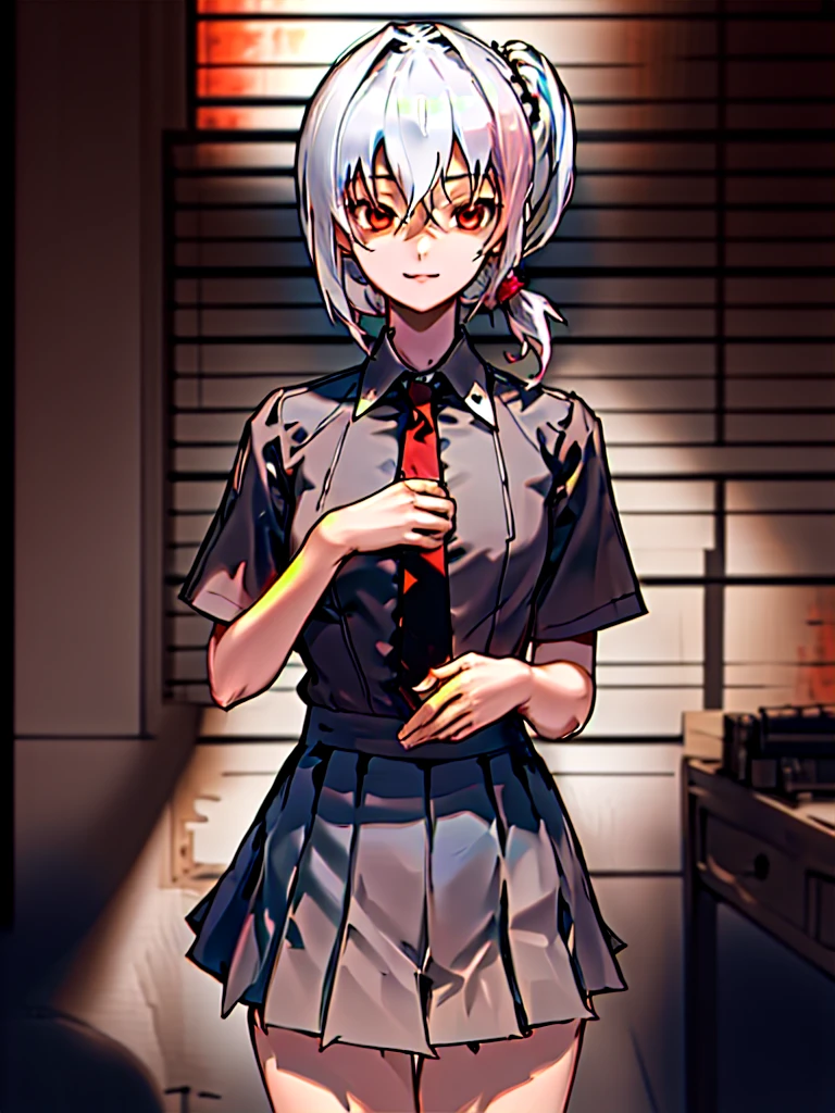 In general detail: very detailed, highly detailed, exceptionally detailed, exceptionally detailed, top quality, 2.5D works, a girl, single, beautiful hands, perfectly beautiful hands, summer school uniform: plain dark gray skirt with a lot of pleats: 1.4, red necktie with a pattern: 1.3, short sleeves, white shirt with white buttons, not NSFW (not safe for work): (-1.5), facial expression: a small smile at the corner of the mouth, enchanting gaze, posture: standing, posing cute and charming, looking at the audience, character traits: slender, Kawaei, perfectly balanced face, soft pinkish cheeks, extremely cute girl, extremely cute face, exceptionally detailed facial features, exceptionally detailed hair, extremely cute, extremely beautiful, background: deserted city, midnight, dark, deep focus background, additional physical features: medium to large chest, slim, large hips, well-rounded thick thighs, long slender legs, hairstyle: (Aho-ge: 1.2), (short bob with side ponytail, left side gathered hair, hair between the eyes, black/white hair), red/pink eyes."