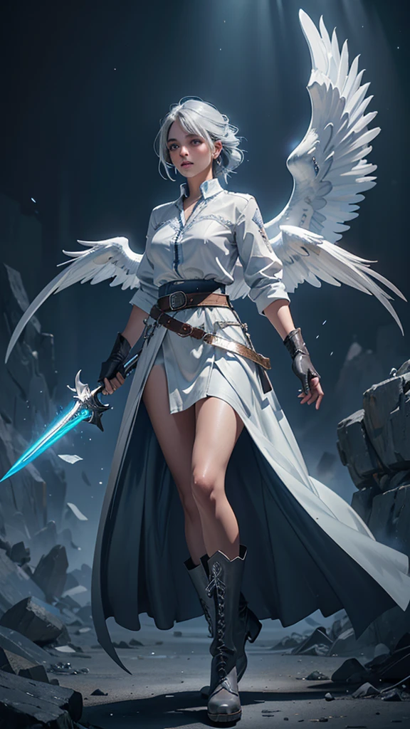 a young woman with gray hair and gray eyes, wearing a white shirt, long blue skirt, gloves, belt, and boots, holding two swords, angel wing on her back, detailed face, beautiful eyes, high quality, detailed illustration, elegant, fantasy, realistic, dramatic lighting, cinematic, digital art, concept art, vibrant colors, masterpiece