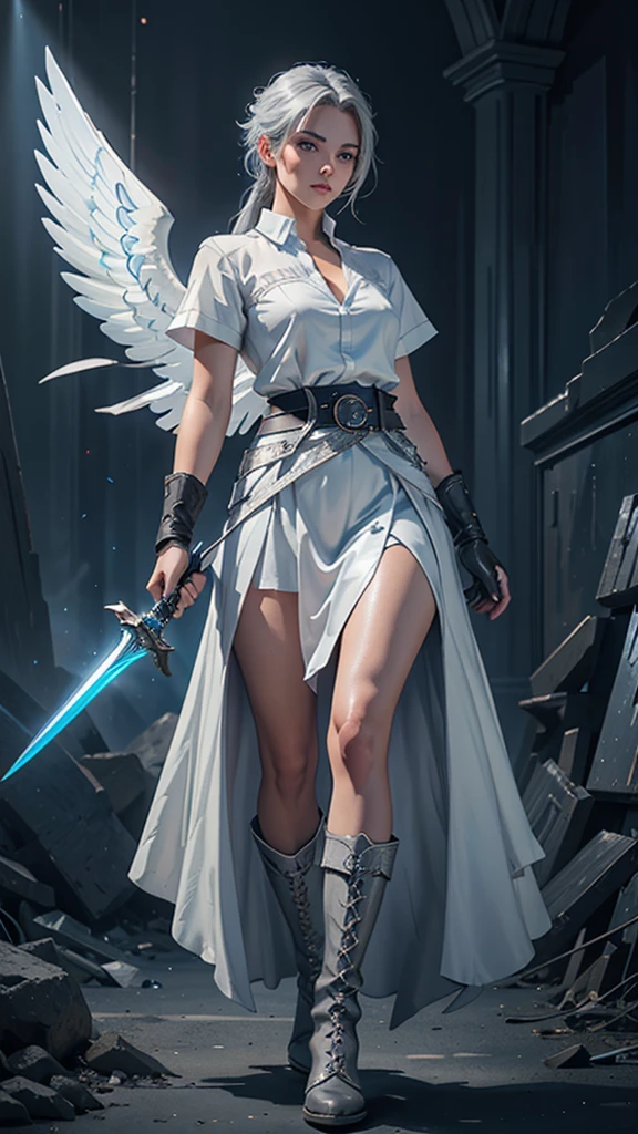 a young woman with gray hair and gray eyes, wearing a white shirt, long blue skirt, gloves, belt, and boots, holding two swords, angel wing on her back, detailed face, beautiful eyes, high quality, detailed illustration, elegant, fantasy, realistic, dramatic lighting, cinematic, digital art, concept art, vibrant colors, masterpiece