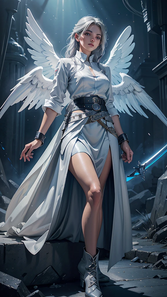 a young woman with gray hair and gray eyes, wearing a white shirt, long blue skirt, gloves, belt, and boots, holding two swords, angel wing on her back, detailed face, beautiful eyes, high quality, detailed illustration, elegant, fantasy, realistic, dramatic lighting, cinematic, digital art, concept art, vibrant colors, masterpiece