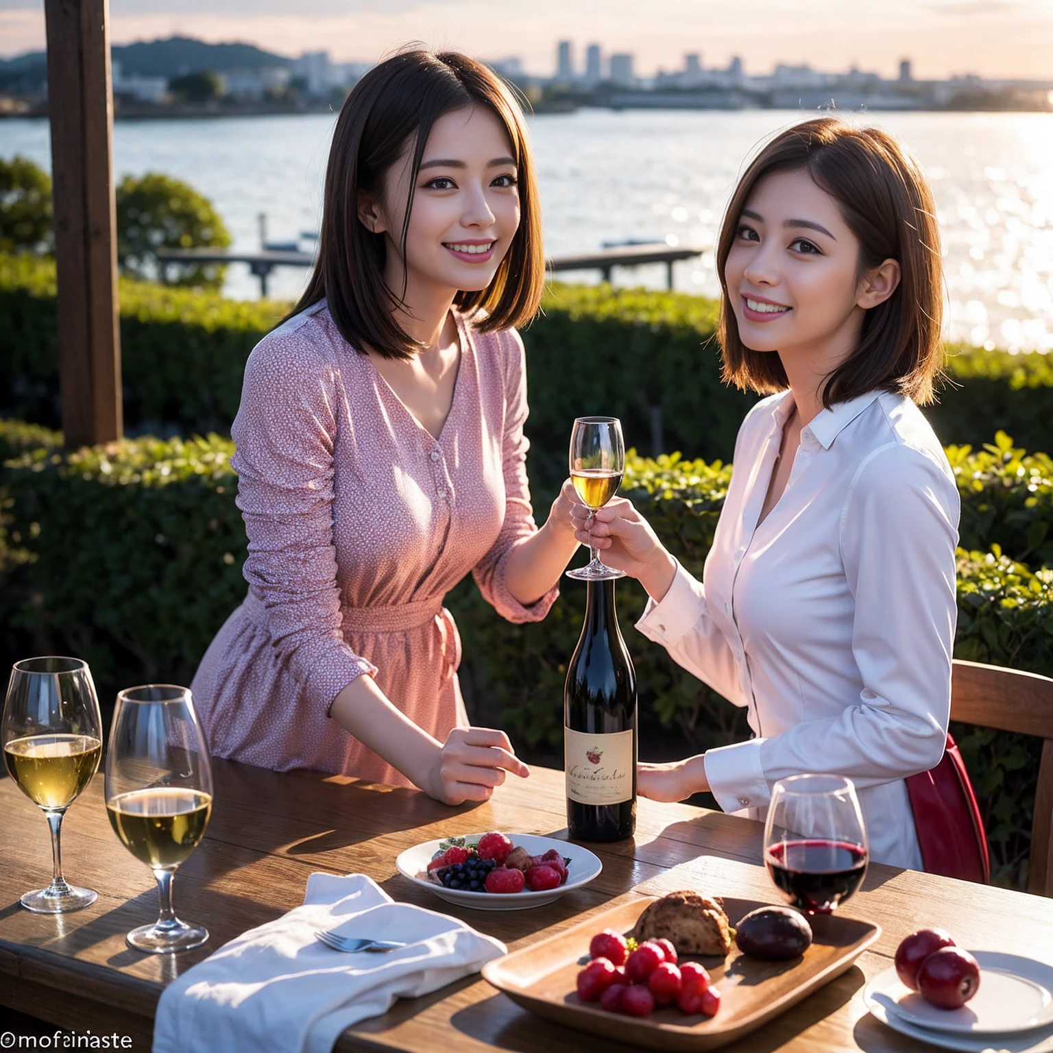 ((Highest quality、8K、masterpiece:1.3))、 (Genuineistic, Genuine、Bright image、Intricate details:1.2), 最高のsmile、1 male 1 female、Slim Body、Beautiful couple、Satomi Ishihara-like lover、Good friends、actress couple、smile、A full-course dinner with a full table、 (Slim face), (the body is slim), (Brown Hair), (short hair), テーブルのwine glass、Please shine a light on my face、 Amazing view of the sunset sky and clouds、 (36 years old)38 years old, red wine 、Wine bottle、sparkling wine、Long sleeve shirt、Pink Dress、White wine, red wine, wine glass,