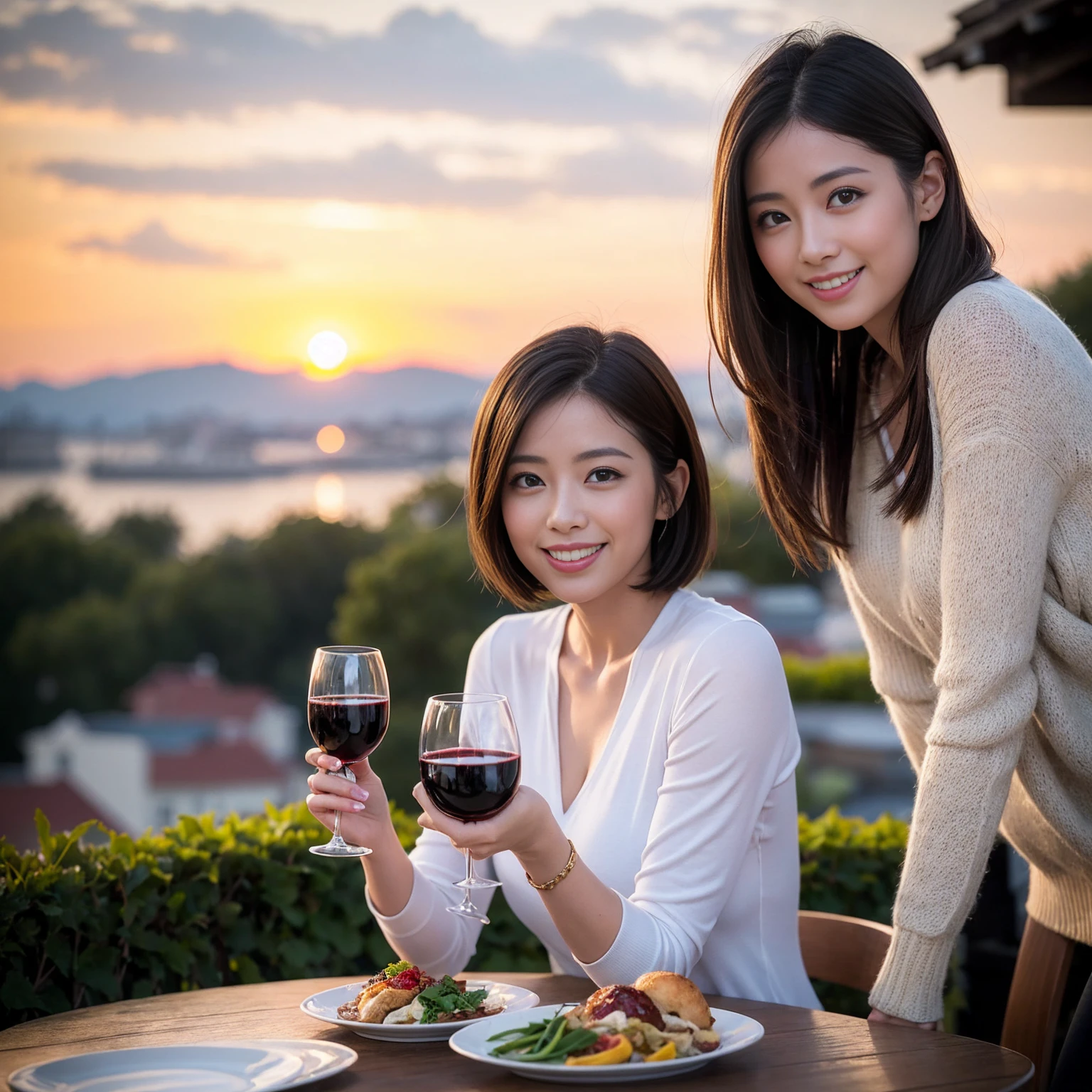 ((Highest quality、8K、masterpiece:1.3))、 (Genuineistic, Genuine、Bright image、Intricate details:1.2), 最高のsmile、1 male 1 female、Slim Body、Beautiful couple、Satomi Ishihara-like lover、Good friends、actress couple、smile、A full-course dinner with a full table、 (Slim face), (the body is slim), (Brown Hair), (short hair), テーブルのwine glass、Please shine a light on my face、 Amazing view of the sunset sky and clouds、 (36 years old)38 years old, red wine 、Wine bottle、sparkling wine、Long sleeve shirt、Pink Dress、White wine, red wine, wine glass, 