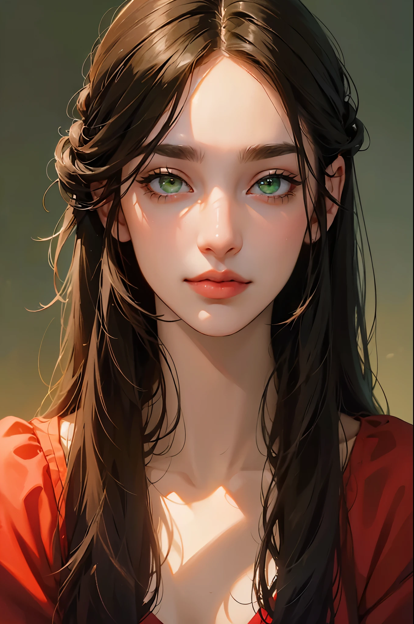 ((masterpiece:1.2, Best quality)), 4k, adult, European face, 1 person, female, Beautiful, small, dark casual wear, White skin, dark hair, green eyes s, portrait, sunset, woman, adult woman, feminne, red lipsrick
