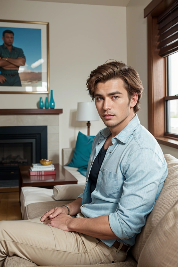 shot by Sony a7 IV Mirrorless Camera, natural light, analog film photo, Kodachrome ,handsome men , living room