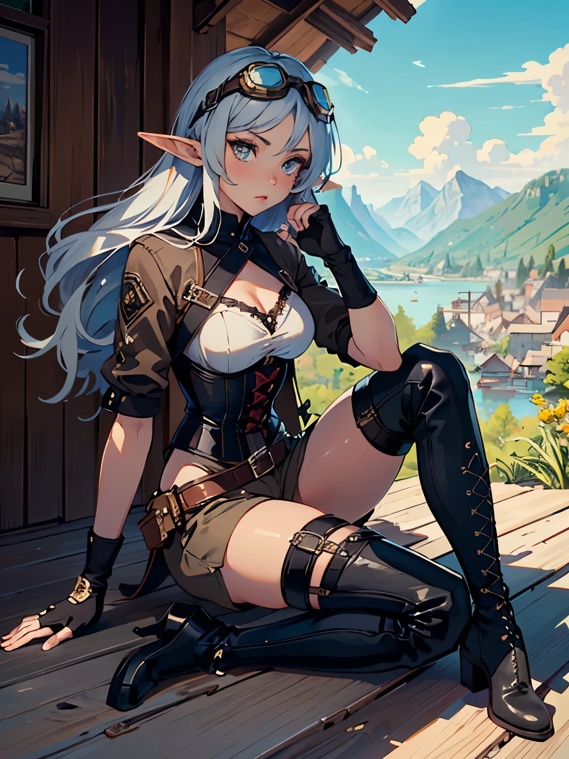 masterpiece, high quality, 1_woman, ((full body)), ((sitting)), sitting in chair, (exotic skin_complexion:1.4), mature, (looking away from the viewer), (pouting face), tall, beautiful, exotic, with long elf ears, long hair, silver hair, detailed face, having diamond shaped eyes, blue eyes, (dark_eyeliner), long_eyelashes medium_bust, wearing Steampunk corset, chest window, (brown shorts), crossing belts, (goggles on head), long fingerless_gloves, belts with metal gears, black thigh highs with embroidery, knee boots with laces, dynamic lighting casts detailed shadow, riverside village, cafe, beer mug, mountains in distance, sunny day, 