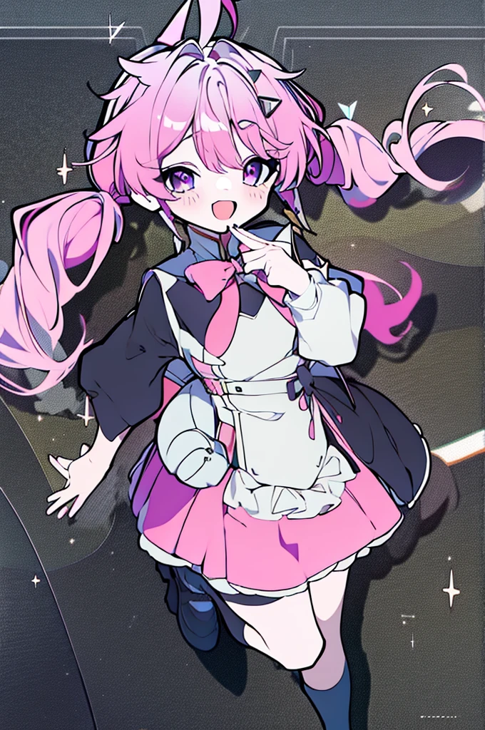 score_9,score_8_up,score_7_up,encore_(wuthering_waves),1girl,purple_eyes,pink_hair,solo,smile,open_mouth,long_hair,ahoge,looking_at_viewer,low_twintails,bowtie,hair_intakes,virtual_youtuber,hairclip,blush,upper_body,detached_sleeves,pink_bow,sparkle,symbol-shaped_pupils,star_\(symbol\),dress, short sleeves, boots, detached sleeves, socks, black footwear,