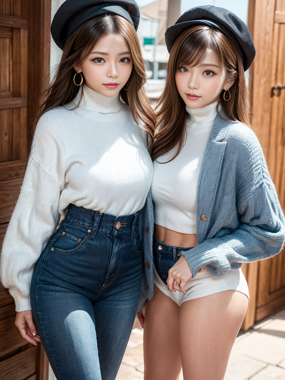 Very beautiful asian girl,alone,Mature Woman,路上でalone,White turtleneck long sleeve sweater,Denim shorts,Shiny black sea hat(This is a very delicate and beautiful piece.:1.2)supermodel figures,Supermodel Height,Very beautiful girl,Perfect diagram example,Slim and toned body,Toned figure,plump,Perfect body curves,Skin,Transparent and refined skin(Advanced Skin Details:1.1)The perfect Korean idol face,Nice and beautiful smile,Long golden hair,Light golden wavy hair,Transparent and fine hair(Premium Hair Detail:1.1),Exquisite eye makeup,Subtle eye detail,blue eyes(Advanced Eye Details:1.1)Best example of 4 fingers and 1 thumb,Perfectly balanced thighs and calves(jade feet)Put on earrings,Choker Necklace,bracelet,Sweater Series,Jeans Series,Photographic works,Best Work,Highest quality,Very sophisticated,Very high resolution,aloneの撮影