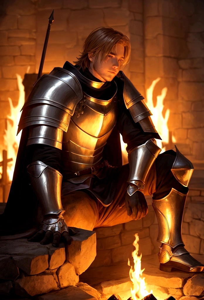 a knight resting in bonfire, high quality, masterpiece,, amazing lighting, illustration, cinematic light:1.1, perfect shading