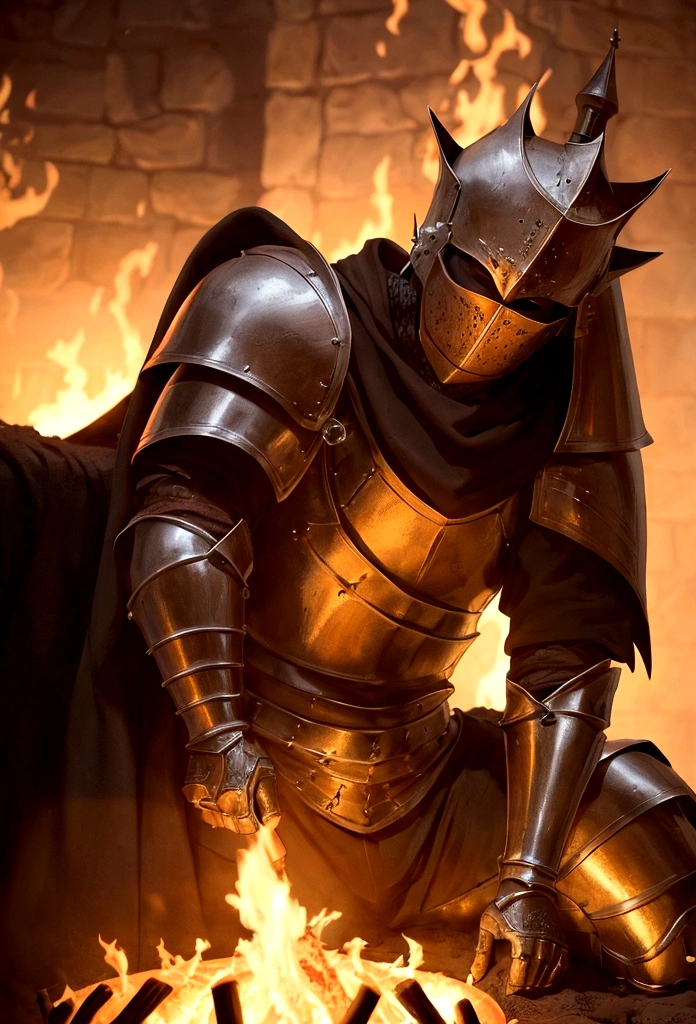 a knight resting in bonfire, high quality, masterpiece,, amazing lighting, illustration, cinematic light:1.1, perfect shading