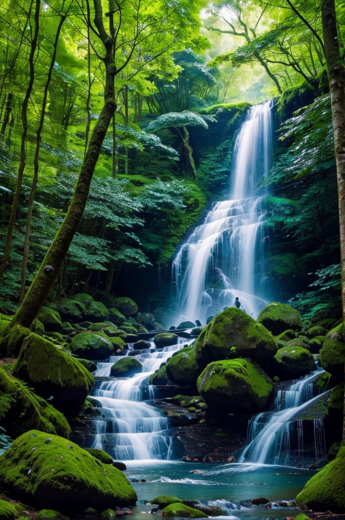 That sounds like a beautiful and vibrant scene! Here’s a description of it:
"In a lush, verdant forest, countless colorful peacocks with iridescent feathers strut gracefully, adding splashes of brilliant blues, greens, and golds to the landscape. Nearby, a light green waterfall cascades gently down moss-covered rocks, its refreshing mist glistening in the dappled sunlight. Towering, ancient trees with thick trunks and sprawling canopies provide a serene and majestic backdrop, their leaves rustling softly in the breeze. The harmony of nature's colors and sounds creates a mesmerizing and tranquil atmosphere, inviting visitors to immerse themselves in the beauty of this enchanting place."
Is this the kind of description you were looking for?