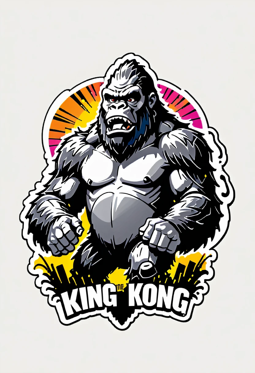 (((a sticker))), (((white background))),(((splash art))), intricately detailed t-shirt design ready for print , 2d, ONE BLACK angry shouting furious  HUGE KING KONG in foreground,mountains peek Jungle sunset at the background, (((letters "KING KONG" ))), vibe detailed design for streetwear and urban style t-shirts design, pro vector, (cel-shading style:1.3), inkpunk, (ink lines:1.1), strong outlines, bold traces, high contrast, (cel-shaded:1.1), vector, 32k resolution, best quality, vibrant colors, anime, flat lights,vector t-shirt art ready for print, intricate rich extremely complex ornaments illustration, extremely detailed and complex illustration, high detail, clean lines style, intricate high details, (((white plain background)))