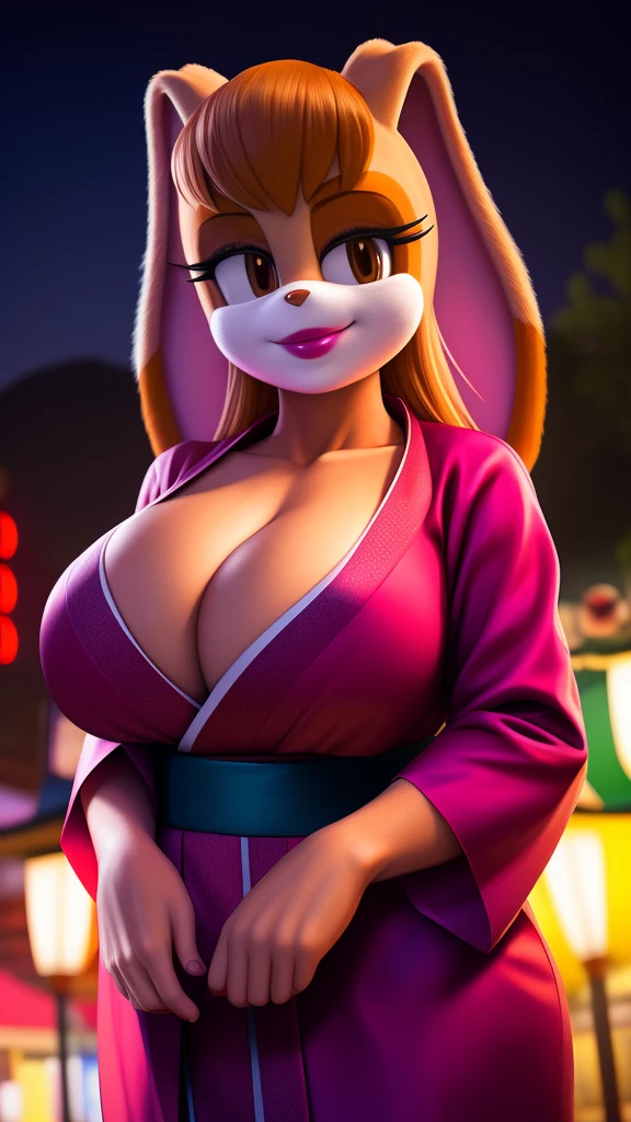 1girls,Vanilla the rabbit huge_,bursting breasts_hair busty dipstick female,cleavage, female_soo, outdoors, japanese festival, smile, realistic, photorealism, photo,nighttime, lipstick, milf