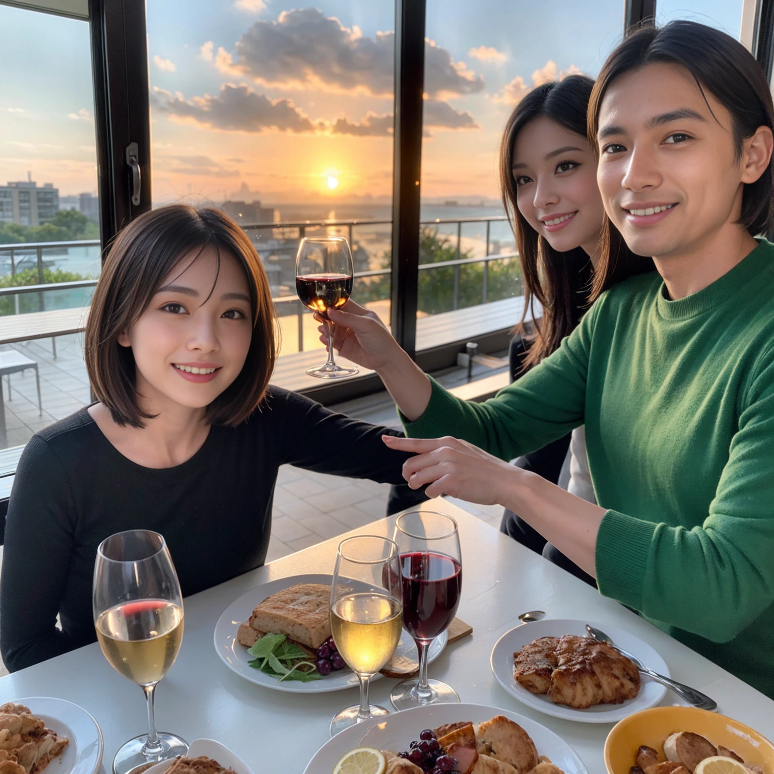 ((Highest quality、8K、masterpiece:1.3))、 (Genuineistic, Genuine、Bright image、Intricate details:1.2), 最高のsmile、1 male 1 female、Beautiful couple、Lovers、fiancee、Good friends、actress couple、smile、A full-course dinner on the table、 (Slim face), (the body is slim), (Brown Hair), (short hair), テーブルのwine glass、Please shine a light on my face、 Amazing view of the sunset sky and clouds、 (Age 35)38 years old, red wine 、Wine bottle、sparkling wine、Long sleeve shirt、Blue clothes、White wine, red wine, wine glass, 