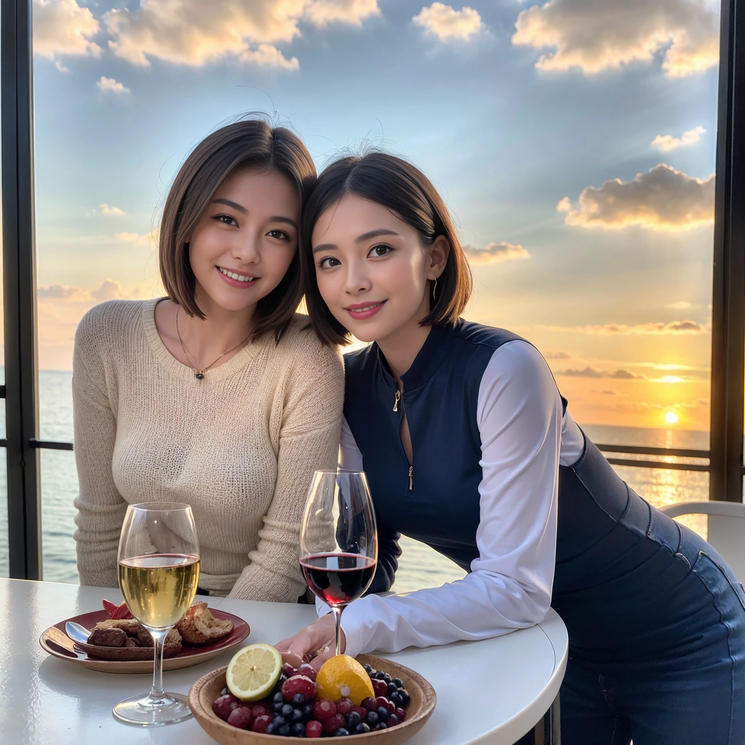 ((Highest quality、8K、masterpiece:1.3))、 (Genuineistic, Genuine、Bright image、Intricate details:1.2), 最高のsmile、1 male 1 female、Beautiful couple、Lovers、fiancee、Good friends、actress couple、smile、A full-course dinner on the table、 (Slim face), (the body is slim), (Brown Hair), (short hair), テーブルのwine glass、Please shine a light on my face、 Amazing view of the sunset sky and clouds、 (Age 35)38 years old, red wine 、Wine bottle、sparkling wine、Long sleeve shirt、Blue clothes、White wine, red wine, wine glass, 