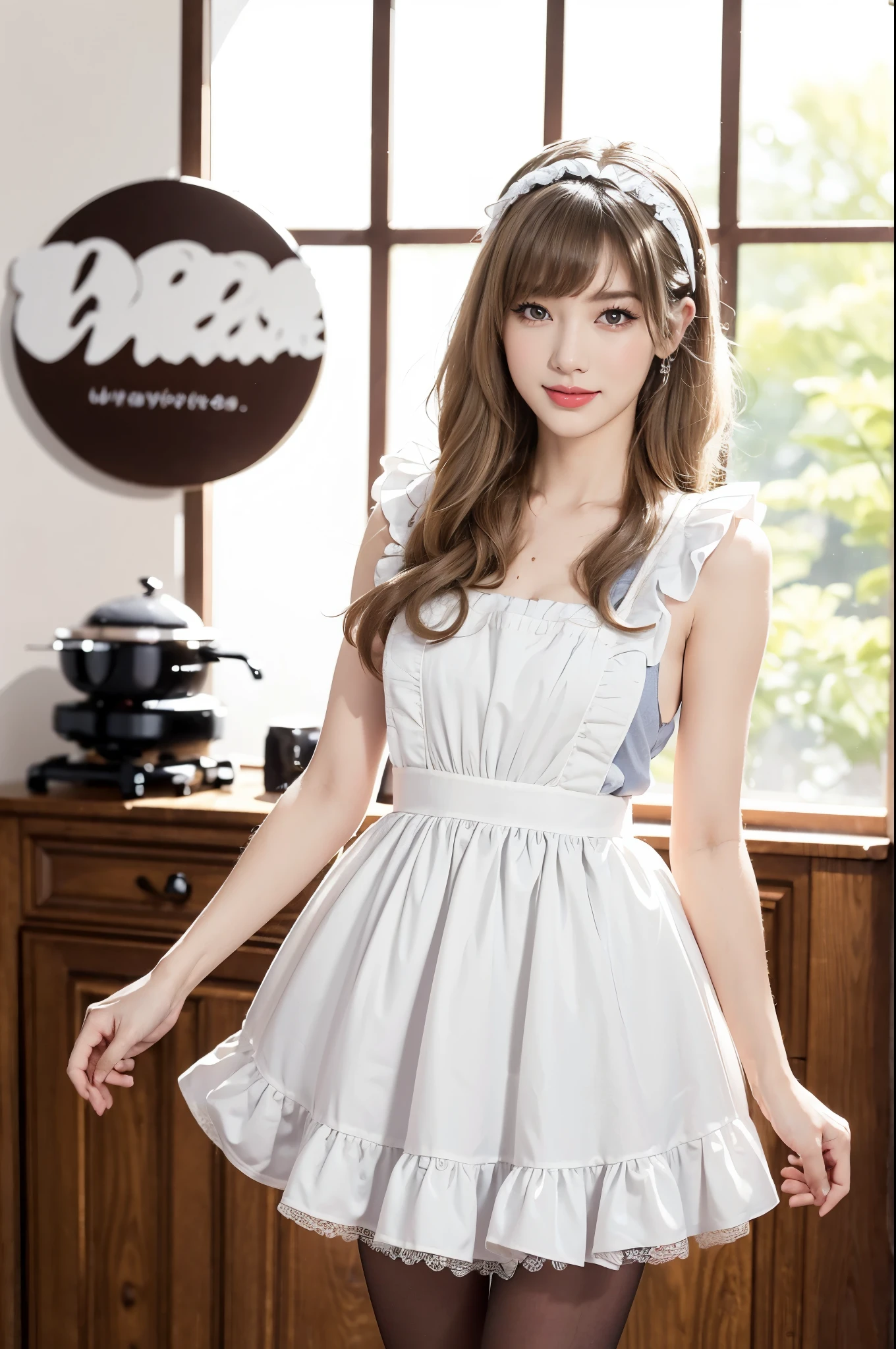 (((best quality))),(((ultra detailed))),(((masterpiece))),illustration,1girl,maid cafe,stunningly beautiful,slim,medium straight bob hair,flat chest,navel,deep captivating eyes,maid costume,see through lace apron,short hemline,bare arms,arms behind back,thighs,slender legs,pantyhose,graceful movements,confident charm,warm genuine smile,France cafe,delicious coffee pastries,warm inviting atmosphere,joyful eyes,Coffee Machine,upper body