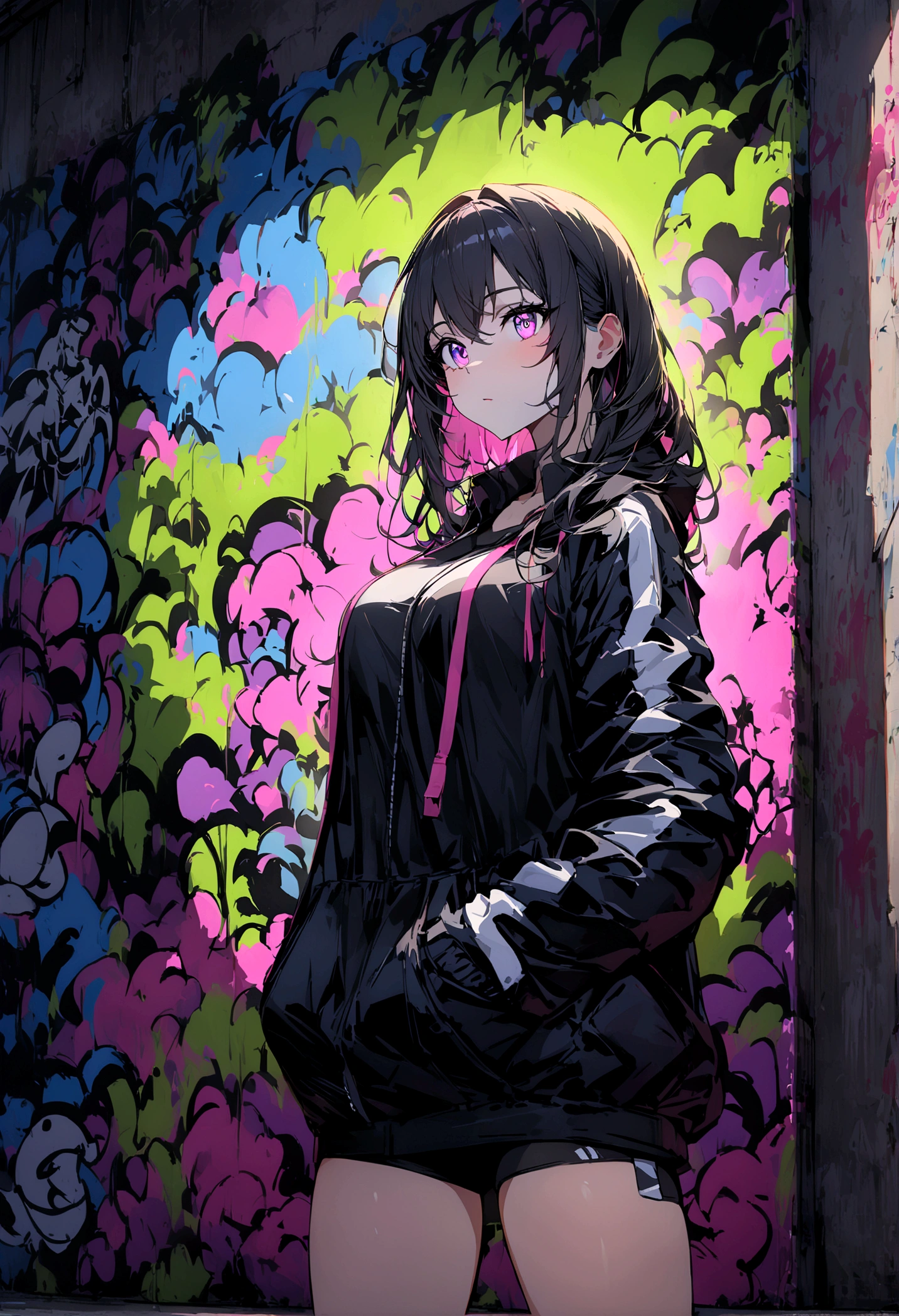 (best quality), masterpiece, 极其细致的 CG 8K 插painting, High Color, extremely High Color saturation, All colors are deepened, painting, Graffiti Art, Central Composition, Extremely detailed lighting, Graffiti Wall, wall paintinged bright, 1 girl graffiti 1 girl looking at the wall, Extremely detailed face and eyes, Medium Length Hair, Sportswear, Colored clouds