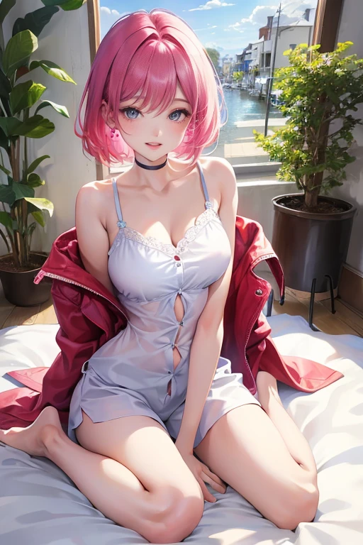 (Highest resolution, clear_image) Highest quality, a female's masterpiece, Very detailed, Semi-realistic,(Most of the body), (Highest quality, masterpiece, Ultra-realistic),Magenta hair, Straight Cut, , , Shadows appear in the eyes, short hair, ,Part your bangs in the center、I can see your forehead, ,,、The whole body from head to foot、Pajamas、、Full body shot to the toes、The way you pamper yourself in the port town、、Laugh innocently like a 、Relax in the bedroom、Lying down、Feminine pajamas、、、cute、A happy smile、Playing pranks、Knee pillow、Knee pillow視点