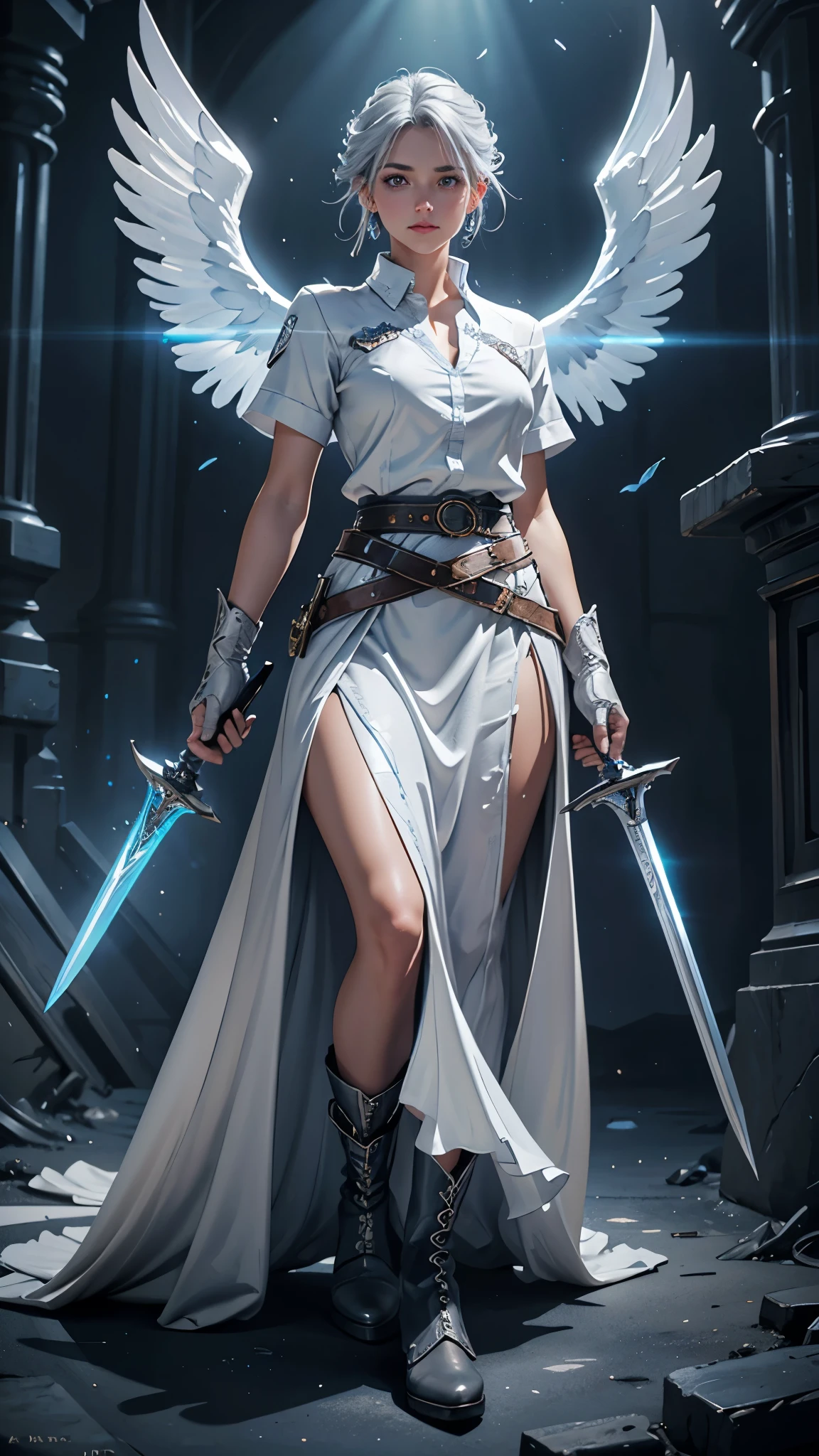 a young woman with gray hair and gray eyes, wearing a white shirt, long blue skirt, gloves, belt, and boots, holding two swords, angel wing on her back, detailed face, beautiful eyes, high quality, detailed illustration, elegant, fantasy, realistic, dramatic lighting, cinematic, digital art, concept art, vibrant colors, masterpiece