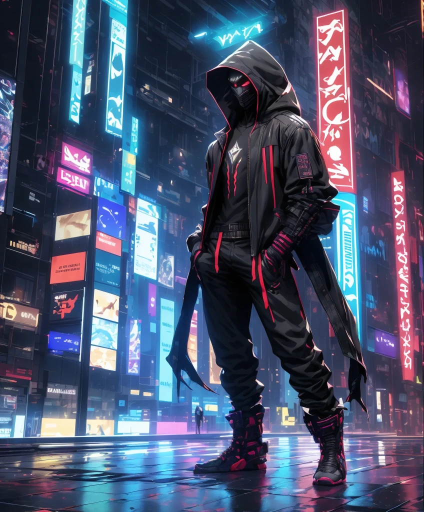A man wearing a colorful jacket and black pants stands in a dark room, Wearing robes in cult colors, Colorful clothing, character from mortal kombat, As a character in Tekken, fighting game characters, Cyberpunk Assassin, Color masked mage, cyberpunk clothing, Colorful clothes, colored ninja, wearing leather assassin armor, an edgy age assassin, cool jacket, cyberpunk street goon
