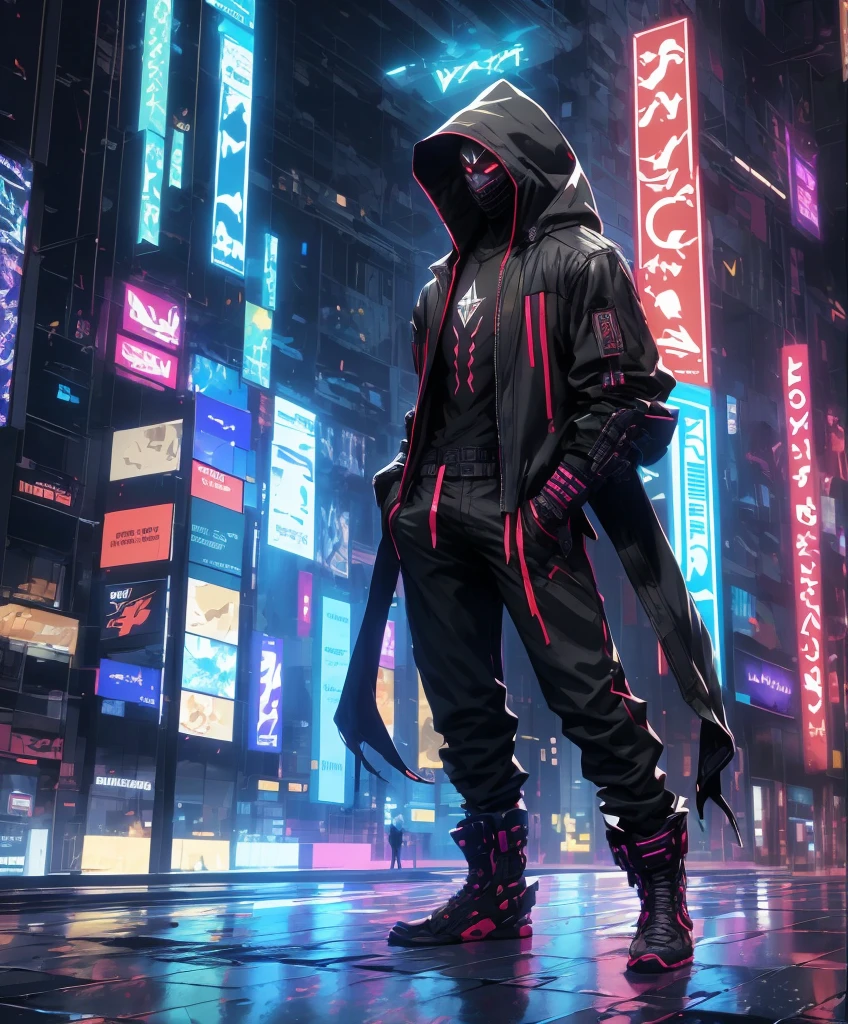 A man wearing a colorful jacket and black pants stands in a dark room, Wearing robes in cult colors, Colorful clothing, character from mortal kombat, As a character in Tekken, fighting game characters, Cyberpunk Assassin, Color masked mage, cyberpunk clothing, Colorful clothes, colored ninja, wearing leather assassin armor, an edgy teenage assassin, cool jacket, cyberpunk street goon