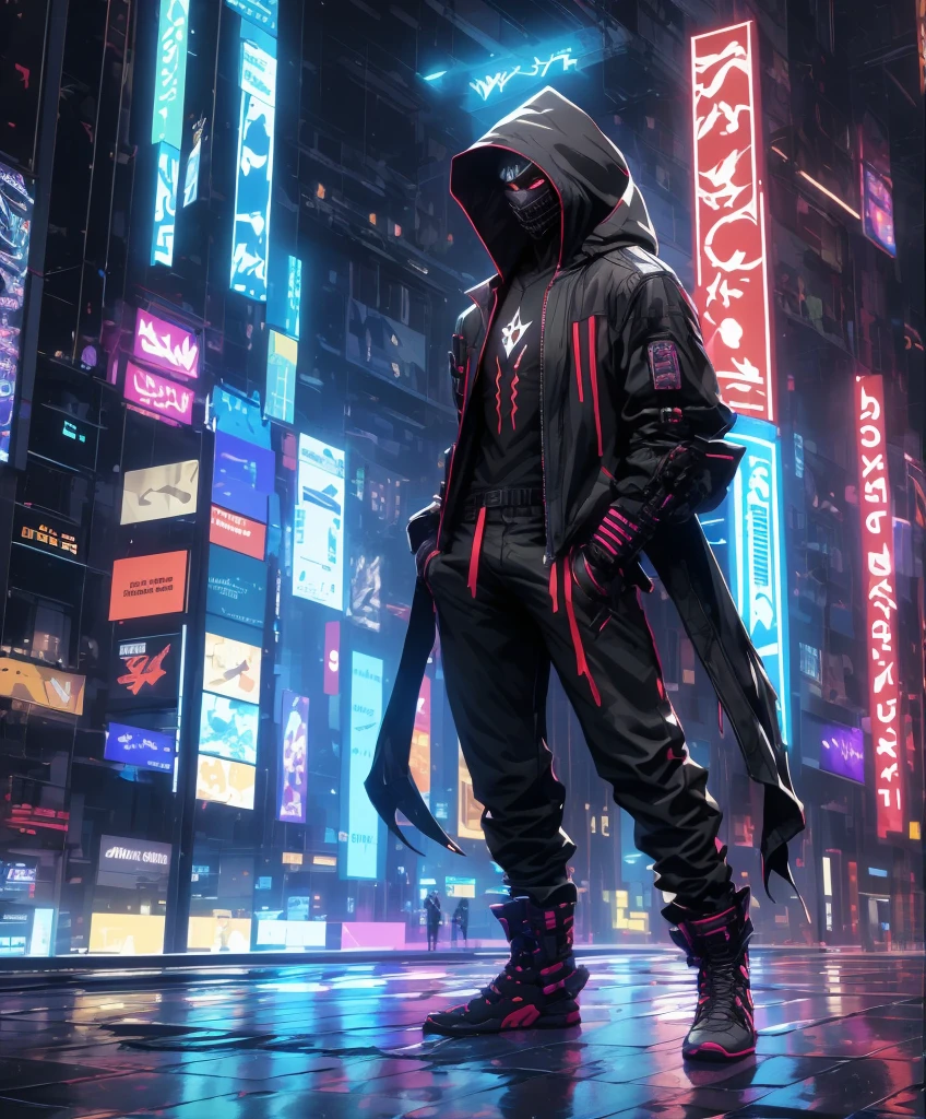 A man wearing a colorful jacket and black pants stands in a dark room, Wearing robes in cult colors, Colorful clothing, character from mortal kombat, As a character in Tekken, fighting game characters, Cyberpunk Assassin, Color masked mage, cyberpunk clothing, Colorful clothes, colored ninja, wearing leather assassin armor, an edgy teenage assassin, cool jacket, cyberpunk street goon