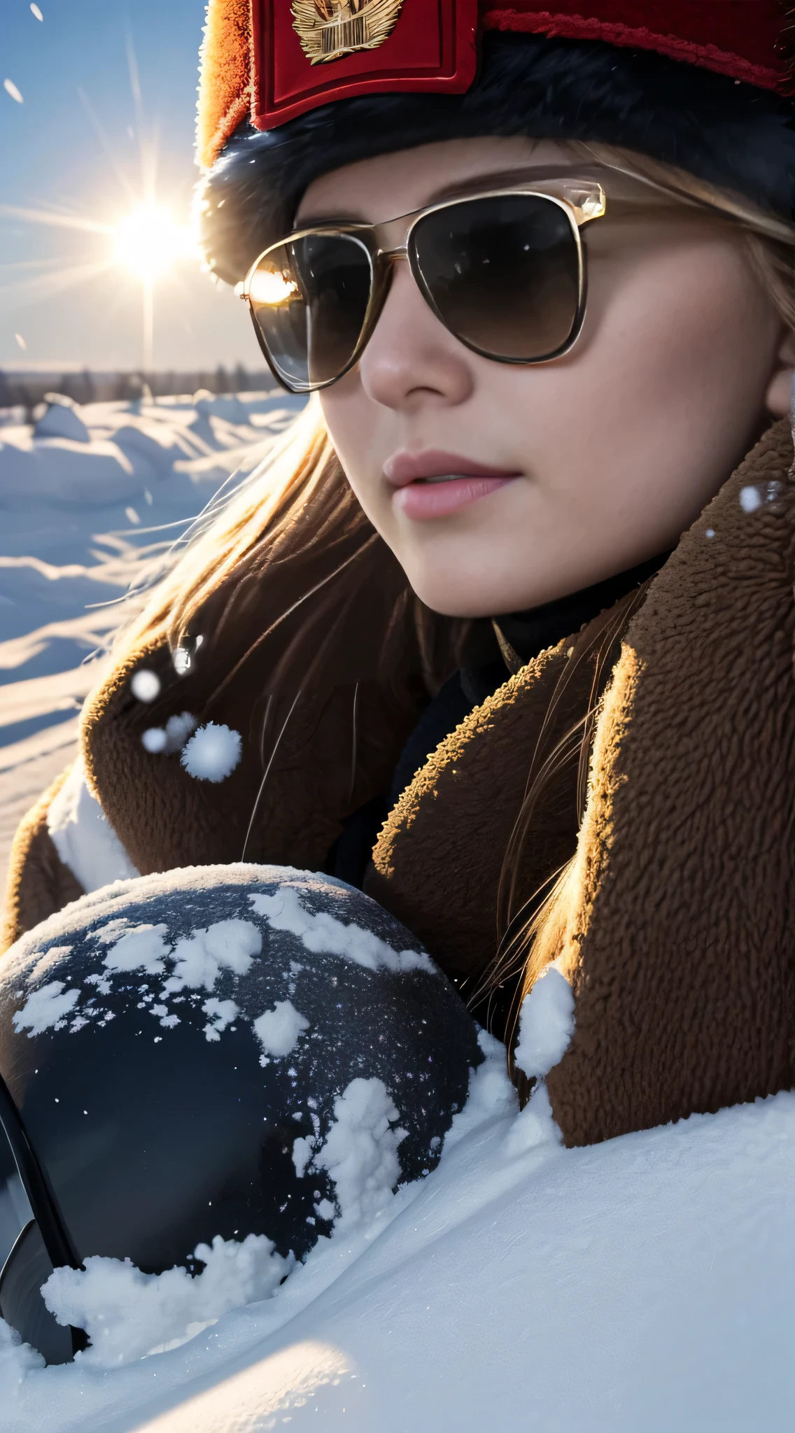 (4K), (Best Quality), (highest details), (A hyper-realistic),
1girl, Kaisa, Russian soldiers, Winters, snow blowing, Russian hat, Sunglasses,
Beautiful, Soldier salute, Looking at Viewer, Winters war.