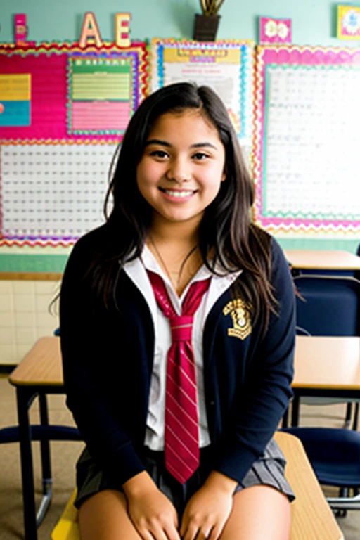 Short latin girl high school student in sitting in her realistic classroom