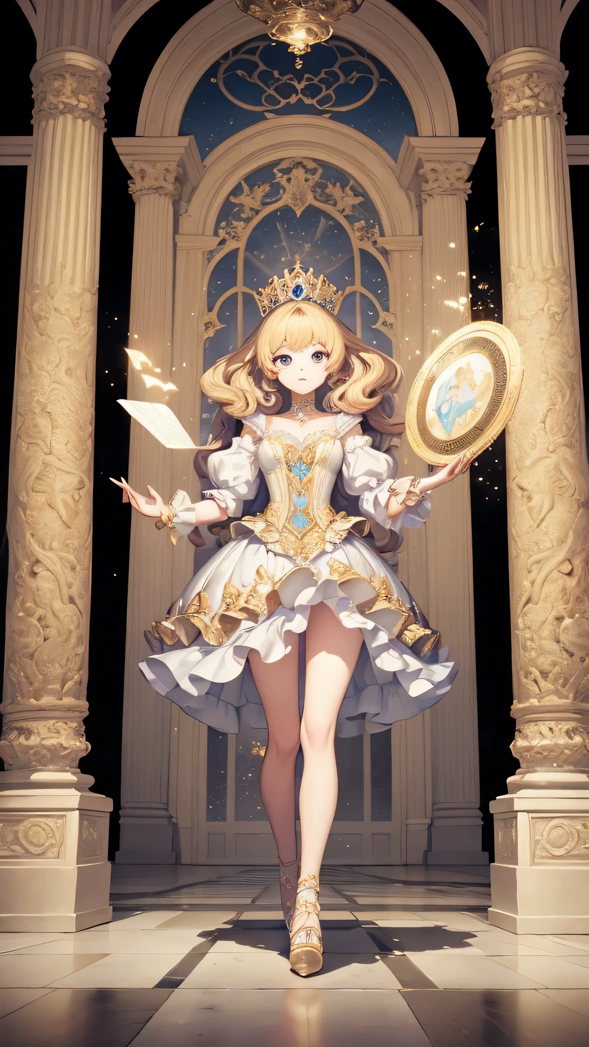 (masterpiece), best quality, princess, rococo style, mystical, walking out of a mysterious portal, facing the the camera, full body