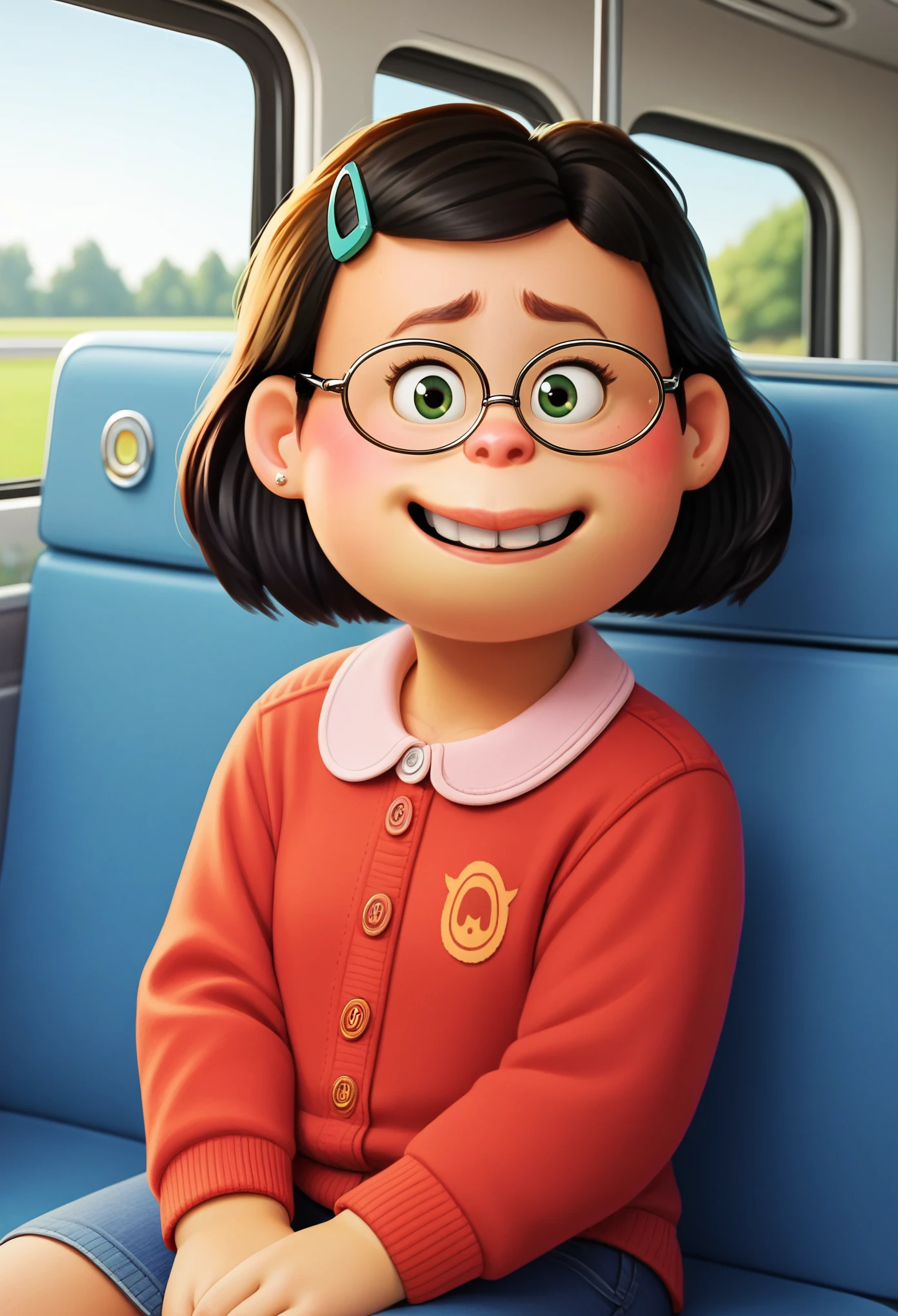 score_9, score_8, score_7, score_6, Mei Lee, 1girl, rating_safe,  black hair, looking on viewer, smiling, glasses, sitting in bus,