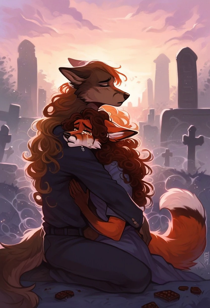 score_9, score_8_up, score_7_up, ((fox, anthro, female, dark brown fur, chocolate fur, long hair, curly hair, kneeing, dressed, serene, sad, crying, hugging, heartbreak)), graveyard, tombstones, city, sunset, wind, dynamic lighting, beautiful, embracing, ((wolf, anthro, (male:1.5), (transparent fur, ghostly body:1.5), transparent, scars), love, loss
