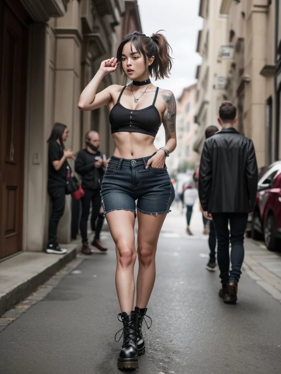 Haute couture fashion week, luxury catwalk, a front and back full body view of an adult female model in a punk-inspired outfit, dynamic pose. She is slim and gorgeous, beautiful detailed face and eyes, with huge and heavy breast, and wide hips. Focus on her breast.
She wears High-waisted shorts with a crop top, choker, and Doc Martens. 
Her hair is styled in edgy punk manner, and she has a friendly and approachable expression. The front view shows her standing confidently, while the back view highlights the details of her outfit and hairstyle. The overall design is clean and colorful. 
Hasselblad Photography, fashion illustration, award winning, best quality, masterpiece, highly detailed, perfect face, great cinematic lighting, octane render, ultra-detailed, depth of field, smooth, sharp focus, detailed shadows, artgerm, trending on artstation, digital illustration, by Stanley Artgerm Lau, WLOP, Rossdraws, James Jean, Andrei Riabovitchev, Marc Simonetti, and Sakimichan, official art, unity 8k wallpaper, HDR, 4k, 8k, HD.