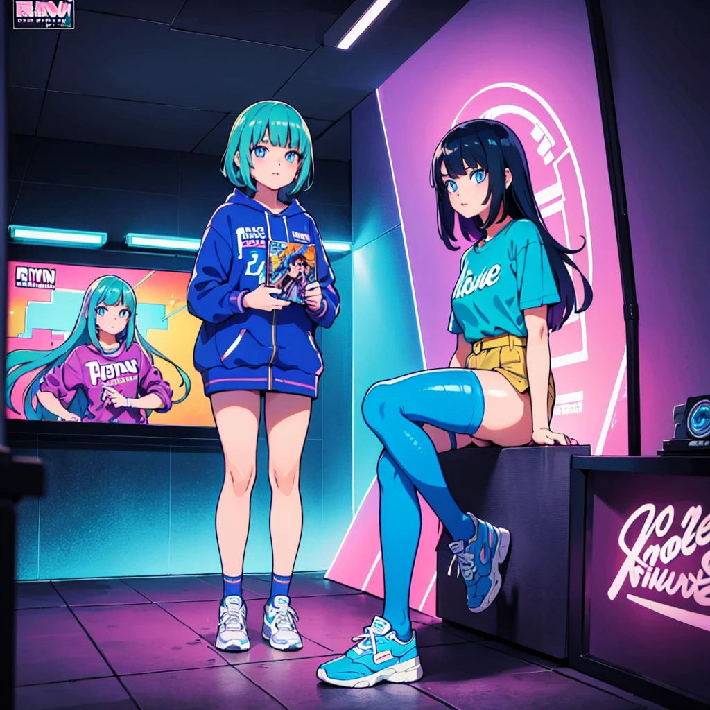 (masterpiece), Highest quality, Expressive eyes, Neon pastel aesthetics, Retro 90s, Neon color,((Girl sitting on sofa,In a cozy room,Records hanging on her wall, Comic books on the floor, Looking out the window behind her at the night city, Upholstered room, Anime figures lined up on a shelf)), Wearing headphones, (All around her it sparkles), (wearing thick colorful sneakers), (blue eyes), (Soft look), (Synthwave Art Style), Colorful Hair, Desk with PC set up
