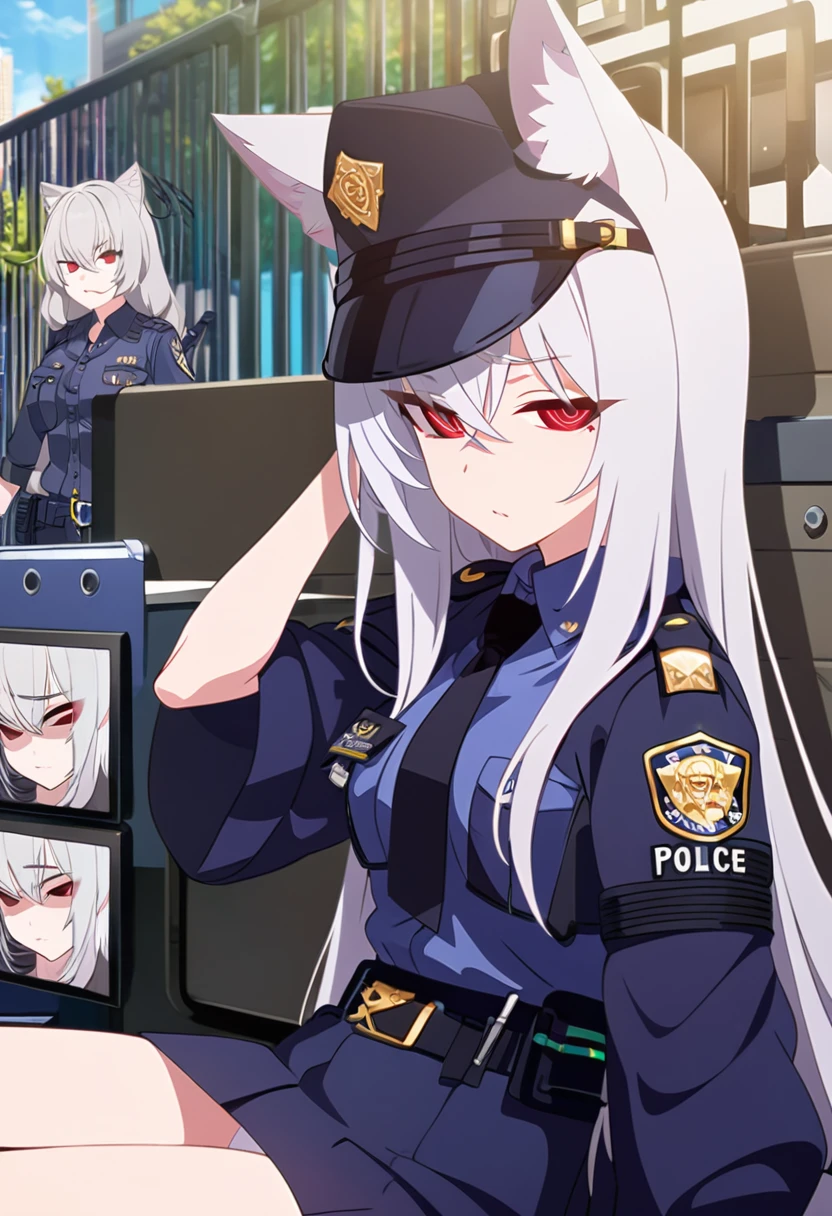 NSFW,1girl,Fox ears,Silver Hair,Red eyes,Slit eyes,Trimmed long hair,high school girl,Police uniform,Police hat,,Bored look,Urban area,Mobile Task Force Equipment,Character portrait,full Art,Sitting on a bench