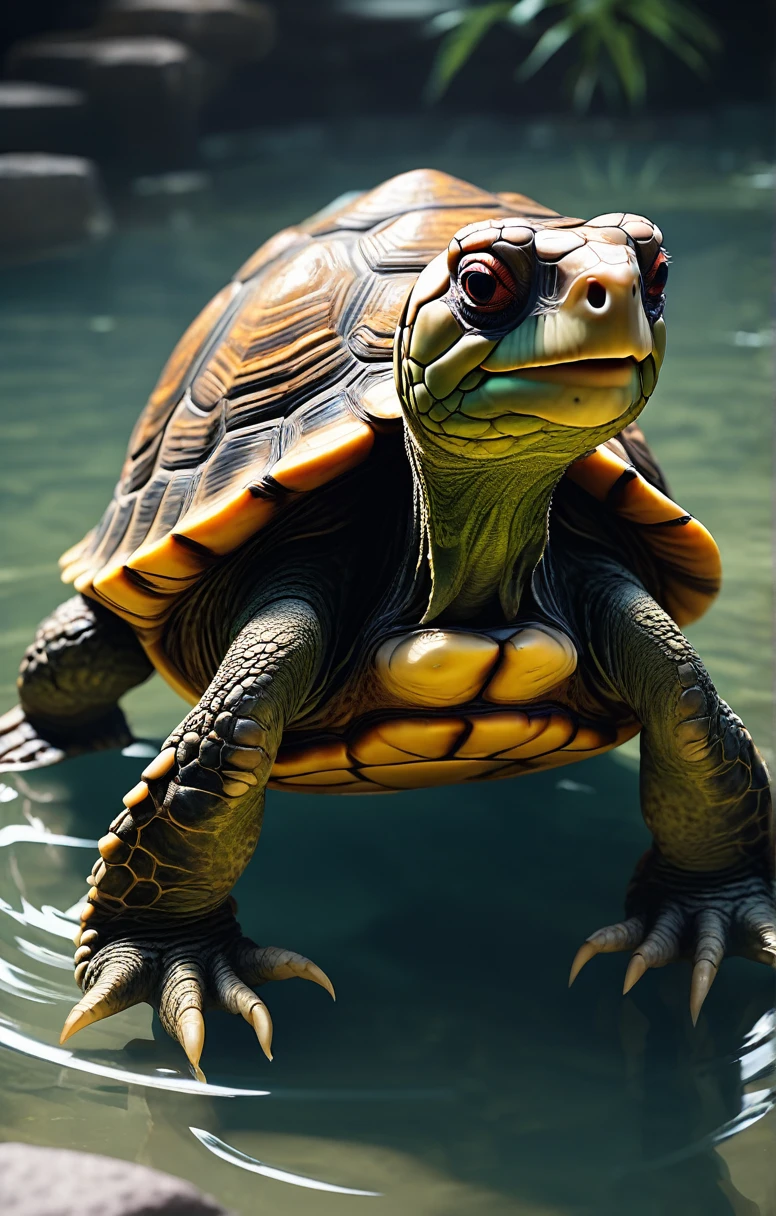there is a small tortoise that is sitting in the water, humanoid tortoise monster, anthropomorphic tortoise humanoid, as an anthropomorphic tortoise, anthropomorphic tortoise hero, anthropomorphic tortoise, an anthropomorphic tortoise, teenage mutant ninja tortoise, small character. Unreal Engine 5, tortoise, 4K Acetate Rendering