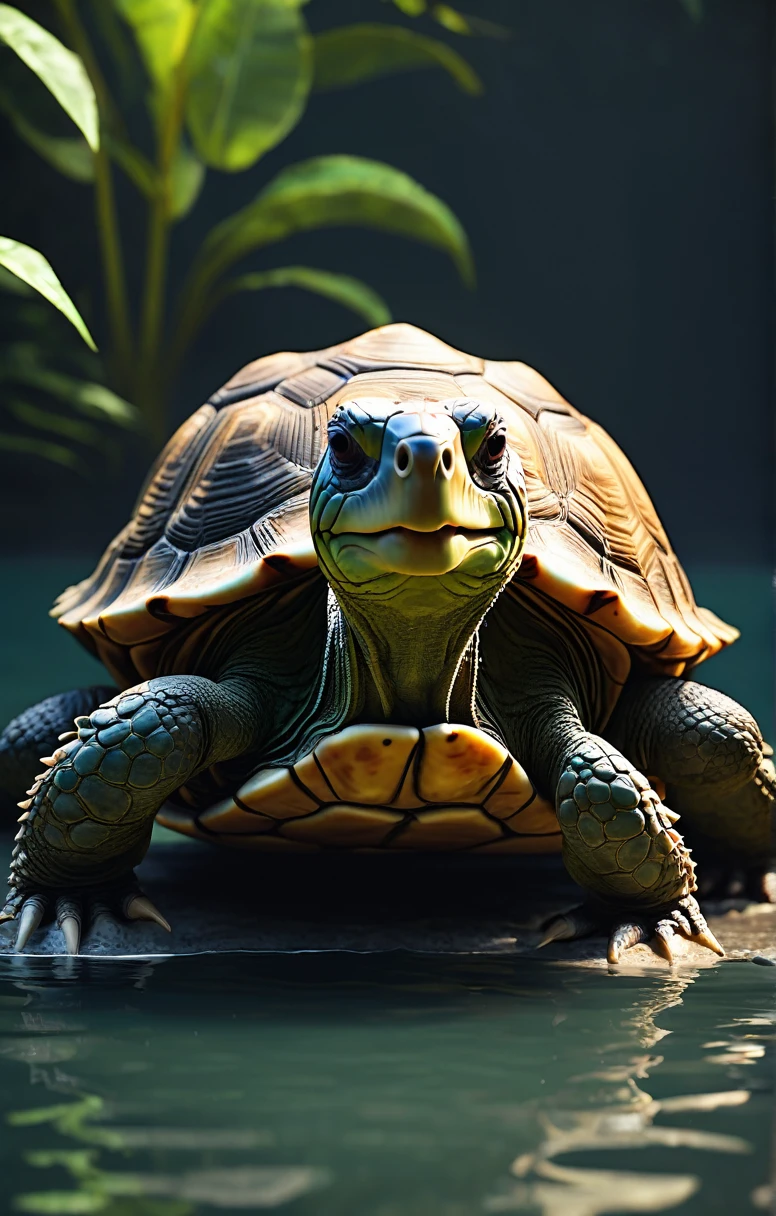 there is a small tortoise that is sitting in the water, humanoid tortoise monster, anthropomorphic tortoise humanoid, as an anthropomorphic tortoise, anthropomorphic tortoise hero, anthropomorphic tortoise, an anthropomorphic tortoise, teenage mutant ninja tortoise, small character. Unreal Engine 5, tortoise, 4K Acetate Rendering
