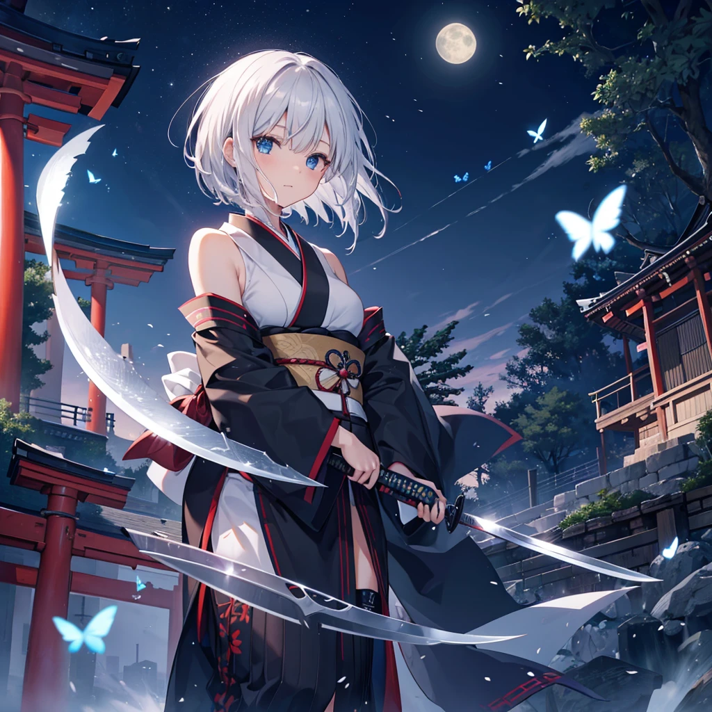 (((1 person))) ((High resolution Gray Hair short hair Black kimono Shoulder knifeを構える Flowing hair)) ((Black Band samurai Lonely despair blue eyes)) ((Blue Butterfly night Japanese style old Shining Aura garden shrine torii Catch the wind)) (dance 日本knife knife Slashing) full moon moonlight star Draw your sword Reflected light Shining Background Shining Edge