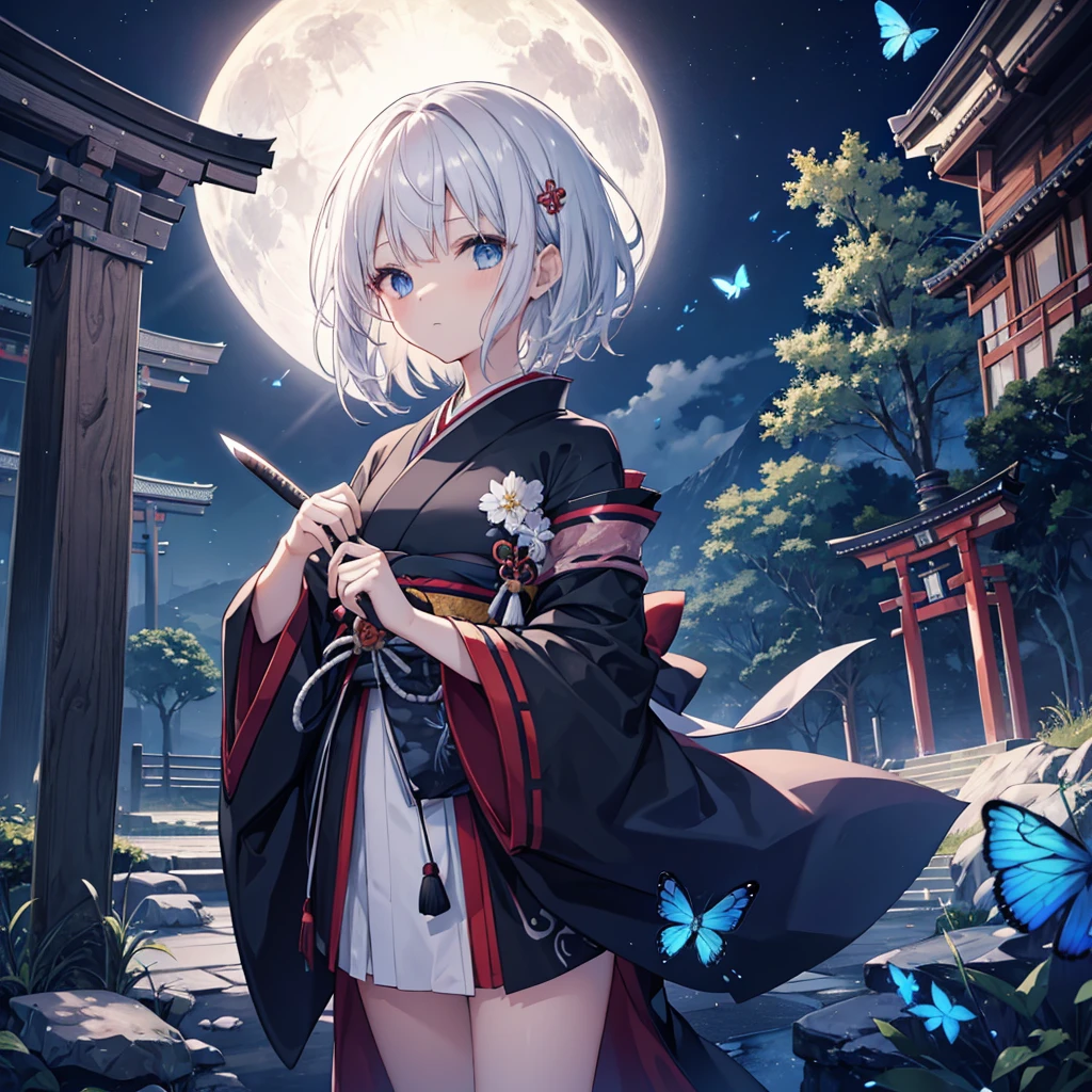 (((1 person))) ((High resolution Gray Hair short hair Black kimono Shoulder knifeを構える Flowing hair)) ((Black Band samurai Lonely despair blue eyes)) ((Blue Butterfly night Japanese style old Shining Aura garden shrine torii Catch the wind)) (dance 日本knife knife Slashing) full moon moonlight star Draw your sword Reflected light Shining Background Shining Edge