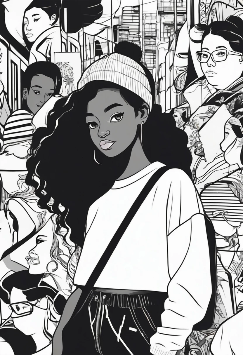 Create a black and white graffiti about the imposition of beauty standards on young people, inspired by Alex Senna's style. Include ethnically and gender diverse youth with expressions of sadness, anxiety and release. Use mirrors to symbolize distorted self-image, chains to represent social pressure, and natural elements such as withered flowers and trapped butterflies. The message should be that beauty standards are emotional imprisonment, including a quote like "True beauty comes from within". Choose a busy urban wall.