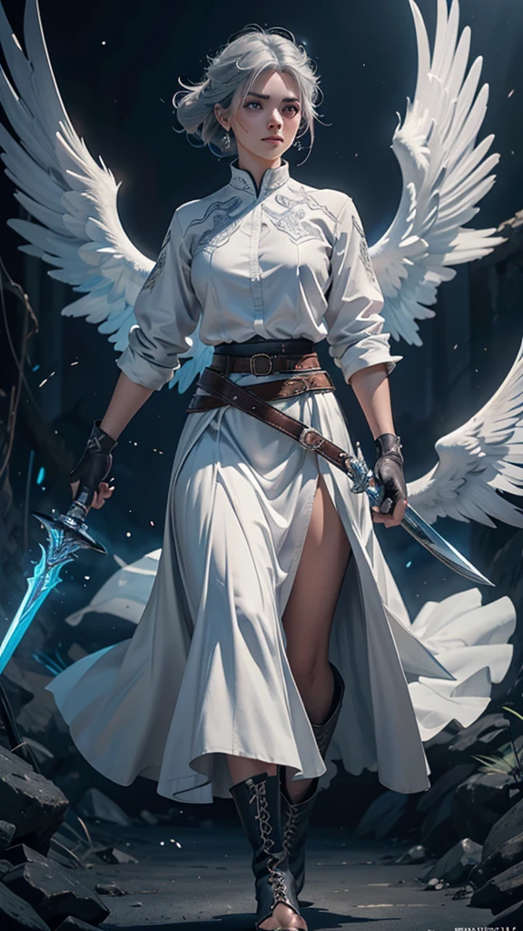 a young woman with gray hair and gray eyes, wearing a white shirt, long blue skirt, gloves, belt, and boots, holding two swords, angel wing on her back, detailed face, beautiful eyes, high quality, detailed illustration, elegant, fantasy, realistic, dramatic lighting, cinematic, digital art, concept art, vibrant colors, masterpiece. Batalla con espadas. Pelea con demonios. Colorido