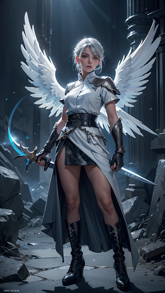 a young woman with gray hair and gray eyes, wearing a white shirt, long blue skirt, gloves, belt, and boots, holding two swords, angel wing on her back, detailed face, beautiful eyes, high quality, detailed illustration, elegant, fantasy, realistic, dramatic lighting, cinematic, digital art, concept art, vibrant colors, masterpiece. Batalla con espadas. Pelea con demonios. Colorido