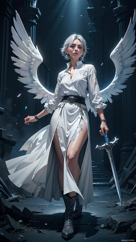 a young woman with gray hair and gray eyes, wearing a white shirt, long blue skirt, gloves, belt, and boots, holding two swords, angel wing on her back, detailed face, beautiful eyes, high quality, detailed illustration, elegant, fantasy, realistic, dramatic lighting, cinematic, digital art, concept art, vibrant colors, masterpiece. Batalla con espadas. Pelea con demonios. Colorido