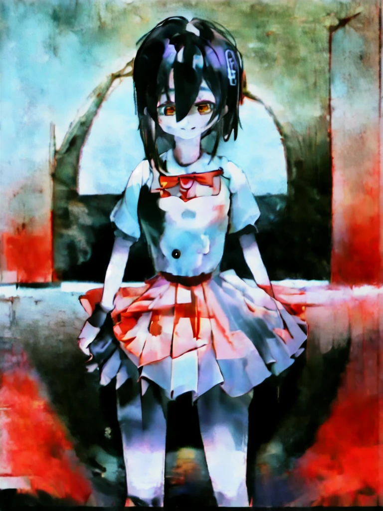 In general detail: very detailed, highly detailed, exceptionally detailed, exceptionally detailed, top quality, 2.5D works, a girl, single, beautiful hands, perfectly beautiful hands, summer school uniform: plain dark gray skirt with a lot of pleats: 1.4, red necktie with a pattern: 1.3, short sleeves, white shirt with white buttons, not NSFW (not safe for work): (-1.5), facial expression: a small smile at the corner of the mouth, enchanting gaze, posture: standing, posing cute and charming, looking at the audience, character traits: slender, Kawaei, perfectly balanced face, soft pinkish cheeks, extremely cute girl, extremely cute face, exceptionally detailed facial features, exceptionally detailed hair, extremely cute, extremely beautiful, background: deserted city, midnight, dark, deep focus background, additional physical features: medium to large chest, slim, large hips, well-rounded thick thighs, long slender legs, hairstyle: (Aho-ge: 1.2), (short bob with side ponytail, left side gathered hair, hair between the eyes, black/white hair), red/pink eyes."