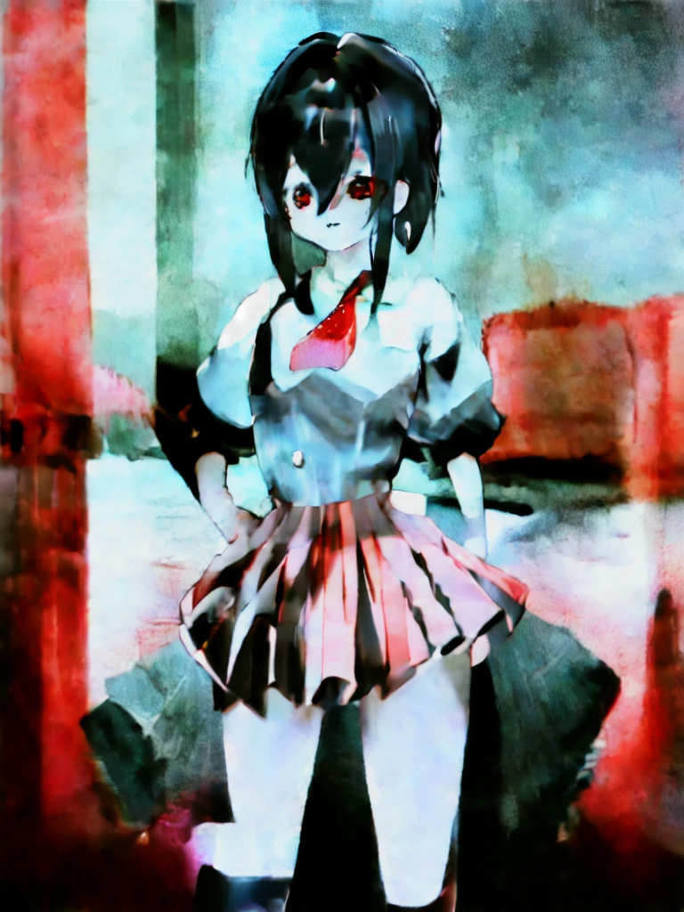 In general detail: very detailed, highly detailed, exceptionally detailed, exceptionally detailed, top quality, 2.5D works, a girl, single, beautiful hands, perfectly beautiful hands, summer school uniform: plain dark gray skirt with a lot of pleats: 1.4, red necktie with a pattern: 1.3, short sleeves, white shirt with white buttons, not NSFW (not safe for work): (-1.5), facial expression: a small smile at the corner of the mouth, enchanting gaze, posture: standing, posing cute and charming, looking at the audience, character traits: slender, Kawaei, perfectly balanced face, soft pinkish cheeks, extremely cute girl, extremely cute face, exceptionally detailed facial features, exceptionally detailed hair, extremely cute, extremely beautiful, background: deserted city, midnight, dark, deep focus background, additional physical features: medium to large chest, slim, large hips, well-rounded thick thighs, long slender legs, hairstyle: (Aho-ge: 1.2), (short bob with side ponytail, left side gathered hair, hair between the eyes, black/white hair), red/pink eyes."
