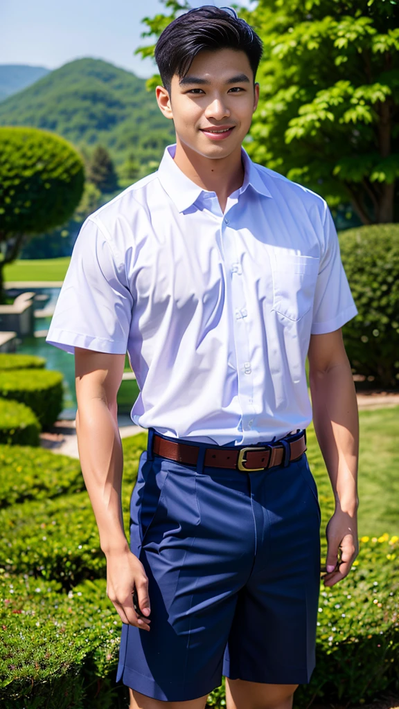 (Create a masterpiece: 1.2),(CGI art:1.3),(realistic:1.5),(After processing:1.3),(Sharp focus:1.3),10,1 man, smile, (Wear a white school shirt.), (Dark blue shorts:1.2),brown belt, Korean guy , korean men, (High gloss details), chest muscles, large arm muscles, blood vessel, Big muscles, Broad shoulders, looking at the audience, Balancing the eyes, forest, mountain, (Make eye contact)