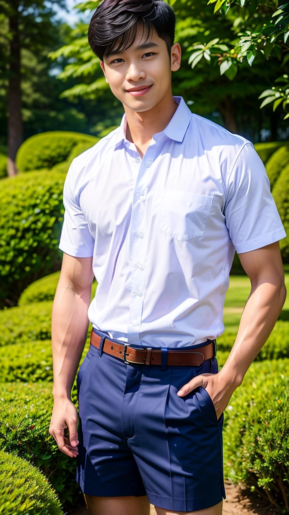 (Create a masterpiece: 1.2),(CGI art:1.3),(realistic:1.5),(After processing:1.3),(Sharp focus:1.3),10,1 man, smile, (Wear a white school shirt.), (Dark blue shorts:1.2),brown belt, Korean guy , korean men, (High gloss details), chest muscles, large arm muscles, blood vessel, Big muscles, Broad shoulders, looking at the audience, Balancing the eyes, forest, mountain, (Make eye contact)