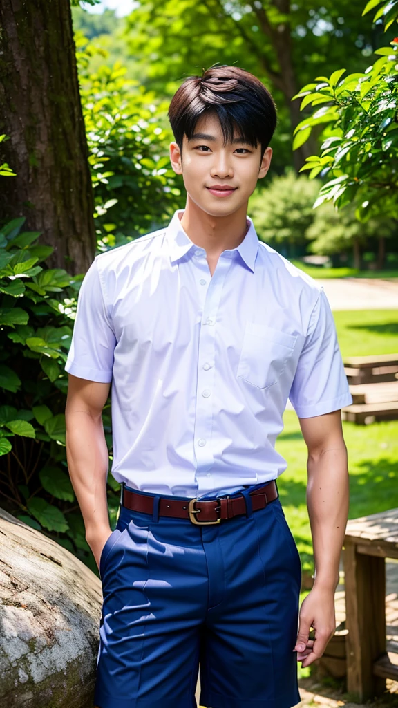 (Create a masterpiece: 1.2),(CGI art:1.3),(realistic:1.5),(After processing:1.3),(Sharp focus:1.3),10,1 man, smile, (Wear a white school shirt.), (Dark blue shorts:1.2),brown belt, Korean guy , korean men, (High gloss details), chest muscles, large arm muscles, blood vessel, Big muscles, Broad shoulders, looking at the audience, Balancing the eyes, forest, mountain, (Make eye contact)